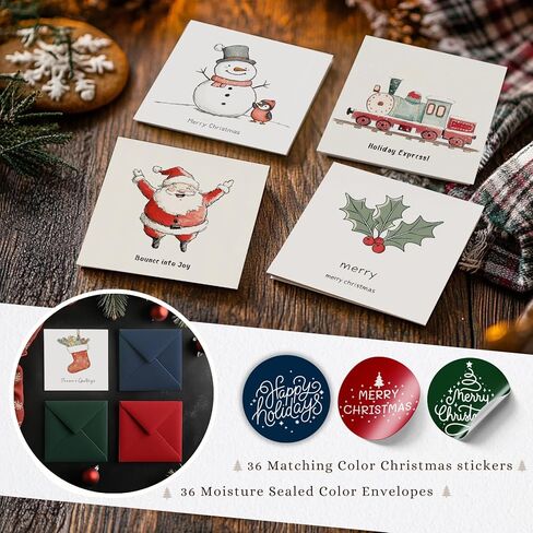 بطاقات عيد الميلاد المرحة من الورق معبأة بمغلفات، عبوة كبيرة مقاس 4 × 6 بوصات، مجموعة مكونة من 20 بطاقة - تصميمات بألوان مائية على بطاقات شديدة التحمل - بطاقات عيد الميلاد بالجملة مع مغلفات وملصقات متطابقة in Kuwait