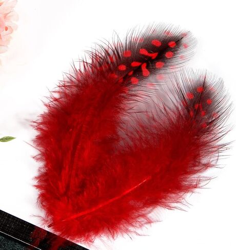 THARAHT Spotted Feathers 120pcs 2-3inch Small Natural Bulk Guinea Pheasant Feather for Crafts Hats Dream Catcher Decoration Feathers,Red in Saudi Arabia
