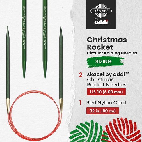 skacel by addi Christmas Circular Knitting Needles, 32 Inch (80 cm) Holiday Rocket Round Aluminum Knitting Needle Pair with Nylon Cord, Red/Green, 4 mm (US Size 6) in Saudi Arabia