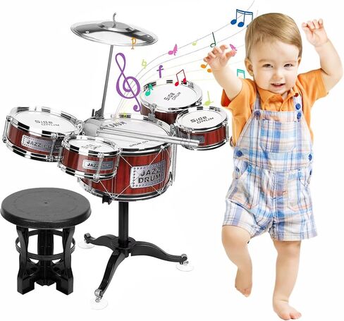 Kids Drum Set for Toddlers Toy- Musical Instruments Toys Drum Kit 9 Pcs with Stool, Bass Drum, 4 Small Drums Percussion Musical Toys for Toddlers 3-5 Year Old Boys Girls Gifts, Red in Kuwait