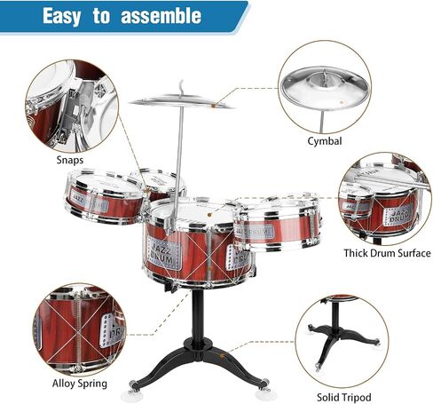 Kids Drum Set for Toddlers Toy- Musical Instruments Toys Drum Kit 9 Pcs with Stool, Bass Drum, 4 Small Drums Percussion Musical Toys for Toddlers 3-5 Year Old Boys Girls Gifts, Red in Kuwait