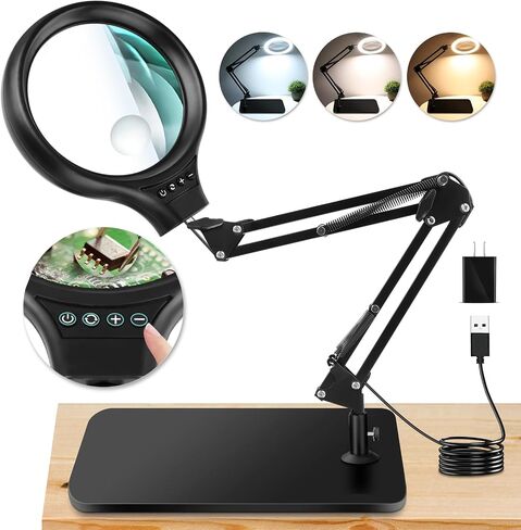NZQXJXZ 10X 30X Large Magnifying Glass with Light and Stand, 5-inch LED Lighted Magnifier, 3 Color Modes Stepless Dimmable, Hands-Free Magnifying Glass Desk Lamp for Reading Craft Hobby Close Work in Saudi Arabia