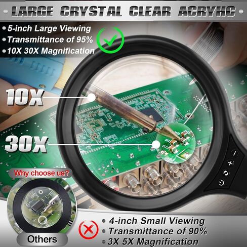 NZQXJXZ 10X 30X Large Magnifying Glass with Light and Stand, 5-inch LED Lighted Magnifier, 3 Color Modes Stepless Dimmable, Hands-Free Magnifying Glass Desk Lamp for Reading Craft Hobby Close Work in Saudi Arabia