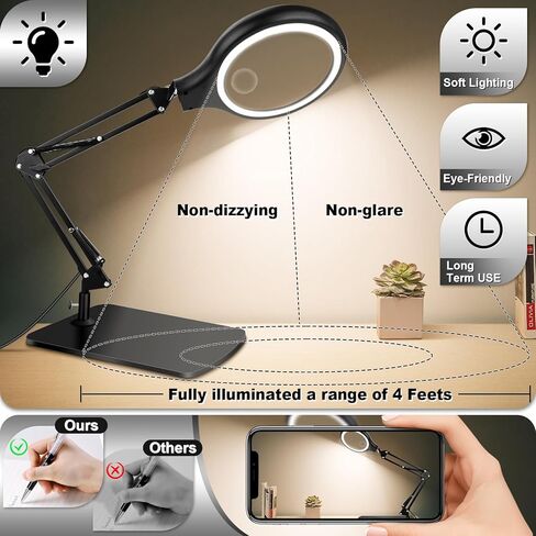 NZQXJXZ 10X 30X Large Magnifying Glass with Light and Stand, 5-inch LED Lighted Magnifier, 3 Color Modes Stepless Dimmable, Hands-Free Magnifying Glass Desk Lamp for Reading Craft Hobby Close Work in Saudi Arabia