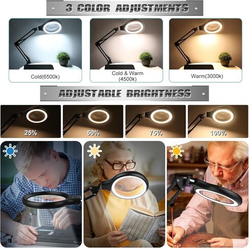 NZQXJXZ 10X 30X Large Magnifying Glass with Light and Stand, 5-inch LED Lighted Magnifier, 3 Color Modes Stepless Dimmable, Hands-Free Magnifying Glass Desk Lamp for Reading Craft Hobby Close Work in Saudi Arabia