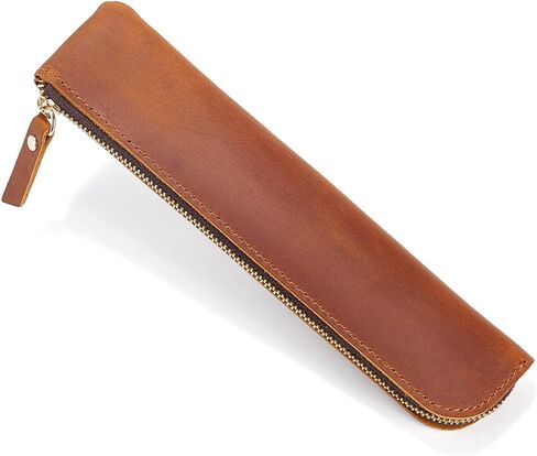 GORGECRAFT Genuine Leather Pencil Case 202 * 50 * 17mm Leather Pencil Case Crazy Horse Saddle Brown Ultra Slim Rectangular Portable Zippered Pen Cases with Zipper for Men and Women Office Supplies in Saudi Arabia