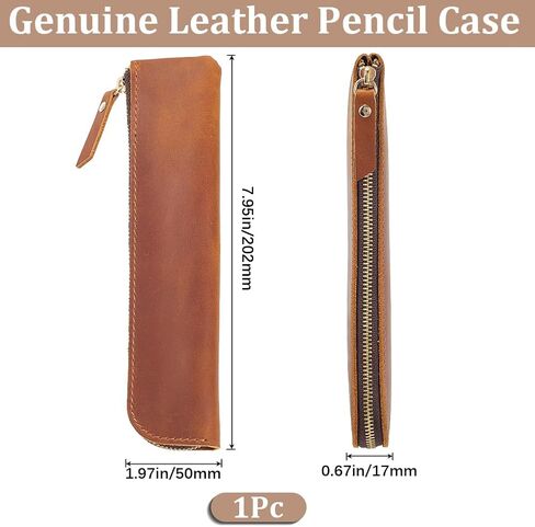 GORGECRAFT Genuine Leather Pencil Case 202 * 50 * 17mm Leather Pencil Case Crazy Horse Saddle Brown Ultra Slim Rectangular Portable Zippered Pen Cases with Zipper for Men and Women Office Supplies in Saudi Arabia