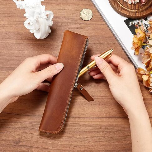 GORGECRAFT Genuine Leather Pencil Case 202 * 50 * 17mm Leather Pencil Case Crazy Horse Saddle Brown Ultra Slim Rectangular Portable Zippered Pen Cases with Zipper for Men and Women Office Supplies in Saudi Arabia