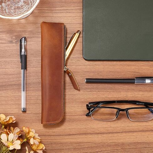 GORGECRAFT Genuine Leather Pencil Case 202 * 50 * 17mm Leather Pencil Case Crazy Horse Saddle Brown Ultra Slim Rectangular Portable Zippered Pen Cases with Zipper for Men and Women Office Supplies in Saudi Arabia