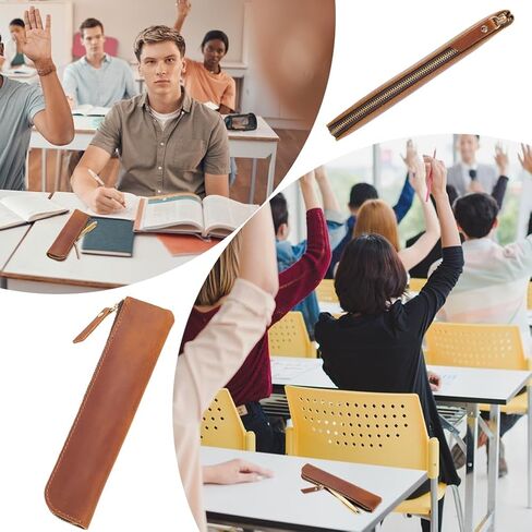 GORGECRAFT Genuine Leather Pencil Case 202 * 50 * 17mm Leather Pencil Case Crazy Horse Saddle Brown Ultra Slim Rectangular Portable Zippered Pen Cases with Zipper for Men and Women Office Supplies in Saudi Arabia