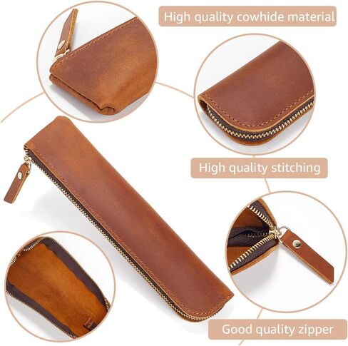 GORGECRAFT Genuine Leather Pencil Case 202 * 50 * 17mm Leather Pencil Case Crazy Horse Saddle Brown Ultra Slim Rectangular Portable Zippered Pen Cases with Zipper for Men and Women Office Supplies in Saudi Arabia