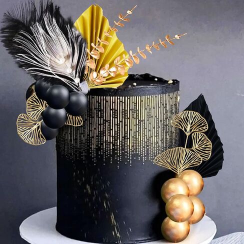 19Pcs Black Gold Balls Cake Topper Gold Leaves Cake Decoration Prom Cake Decoration Roaring 20s Cake Decoration 1920s Party Supplies New Year Eve Party Supplies in Saudi Arabia