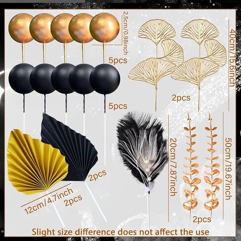 19Pcs Black Gold Balls Cake Topper Gold Leaves Cake Decoration Prom Cake Decoration Roaring 20s Cake Decoration 1920s Party Supplies New Year Eve Party Supplies in Saudi Arabia