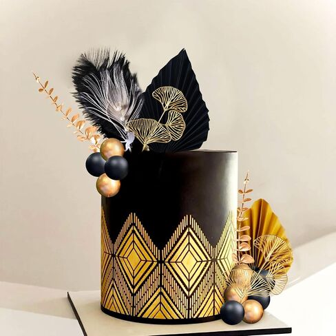 19Pcs Black Gold Balls Cake Topper Gold Leaves Cake Decoration Prom Cake Decoration Roaring 20s Cake Decoration 1920s Party Supplies New Year Eve Party Supplies in Saudi Arabia