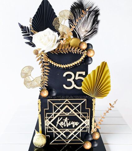 19Pcs Black Gold Balls Cake Topper Gold Leaves Cake Decoration Prom Cake Decoration Roaring 20s Cake Decoration 1920s Party Supplies New Year Eve Party Supplies in Saudi Arabia
