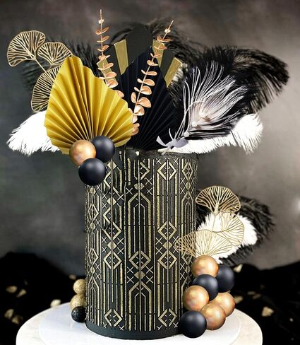 19Pcs Black Gold Balls Cake Topper Gold Leaves Cake Decoration Prom Cake Decoration Roaring 20s Cake Decoration 1920s Party Supplies New Year Eve Party Supplies in Saudi Arabia