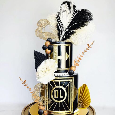 19Pcs Black Gold Balls Cake Topper Gold Leaves Cake Decoration Prom Cake Decoration Roaring 20s Cake Decoration 1920s Party Supplies New Year Eve Party Supplies in Saudi Arabia