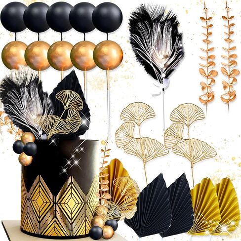 19Pcs Black Gold Balls Cake Topper Gold Leaves Cake Decoration Prom Cake Decoration Roaring 20s Cake Decoration 1920s Party Supplies New Year Eve Party Supplies in Saudi Arabia