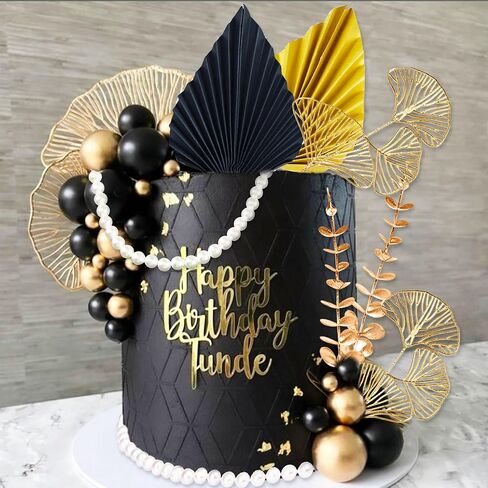 19Pcs Black Gold Balls Cake Topper Gold Leaves Cake Decoration Prom Cake Decoration Roaring 20s Cake Decoration 1920s Party Supplies New Year Eve Party Supplies in Saudi Arabia