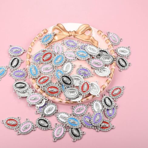 60pcs Mix Color 3-Hole Virgin Mary Link Miraculous Medal Enamel Alloy Rhinestones Our Lady Crucifix Connection for Jewelry Making (Silver) in Saudi Arabia