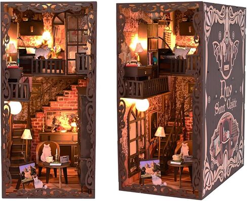 مجموعة زوايا الكتب المصغرة DIY مع أضواء LED - 3D خشبية لغز بيت الدمية كتاب زاوية رف الكتب، مجموعة مثالية لديكور المنزل للبالغين والمراهقين، دفاتر إبداعية لزوايا القراءة in Saudi Arabia