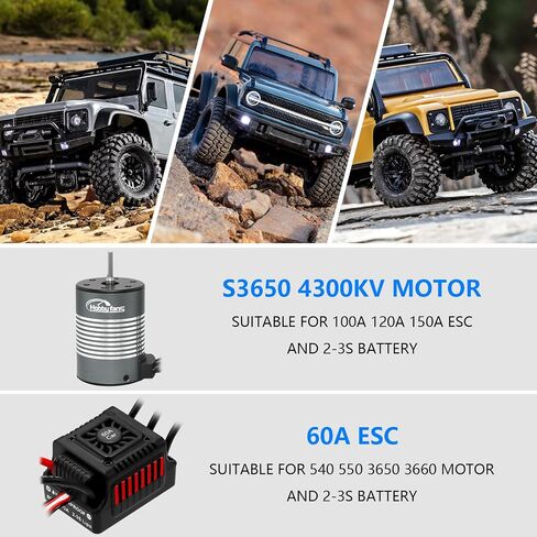 Hobby Fans مقاوم للماء S3650 3900KV محرك بدون فرشاة 3.175 مم عمود مع 60 أمبير بدون فرش ESC مجموعة وحدة تحكم السرعة الكهربائية ومبدد حرارة لشاحنة سيارة RC 1/10، أحمر in Saudi Arabia