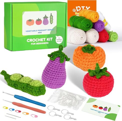 Finnacy Crochet Vegetables Kit, Crochet Kit for Beginners, Crochet Starter Kit with Step by Step Video, Yarns, Hook and Accessories (Dustpan and 4 pcs Vegetables of Eggplant, Pumpkin,Tomato, Pease) in Saudi Arabia