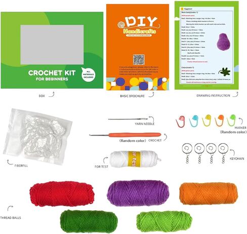 Finnacy Crochet Vegetables Kit, Crochet Kit for Beginners, Crochet Starter Kit with Step by Step Video, Yarns, Hook and Accessories (Dustpan and 4 pcs Vegetables of Eggplant, Pumpkin,Tomato, Pease) in Saudi Arabia