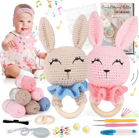 مجموعة Coopay Easy Crochet للمبتدئين، مجموعة أدوات الكروشيه Amigurumi Rabbit Rattle مع لوازم الكروشيه، تعلم مجموعة الكروشيه للبالغين، مجموعة حيوانات كروشيه كاملة مع برنامج تعليمي خطوة بخطوة in Kuwait