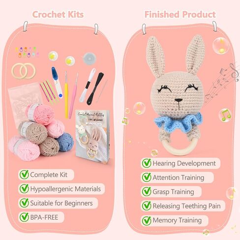 مجموعة Coopay Easy Crochet للمبتدئين، مجموعة أدوات الكروشيه Amigurumi Rabbit Rattle مع لوازم الكروشيه، تعلم مجموعة الكروشيه للبالغين، مجموعة حيوانات كروشيه كاملة مع برنامج تعليمي خطوة بخطوة in Kuwait