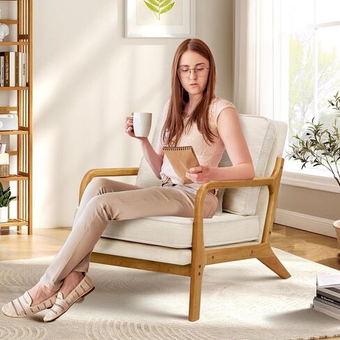 COLAMY Mid Century Modern Accent Chair with Lumbar Pillow, Relaxing Armchair with Solid Wood Frame & Soft Cushion, Reading Leisure Chair for Living Room,Bedroom,Waiting Room（Beige） in Saudi Arabia