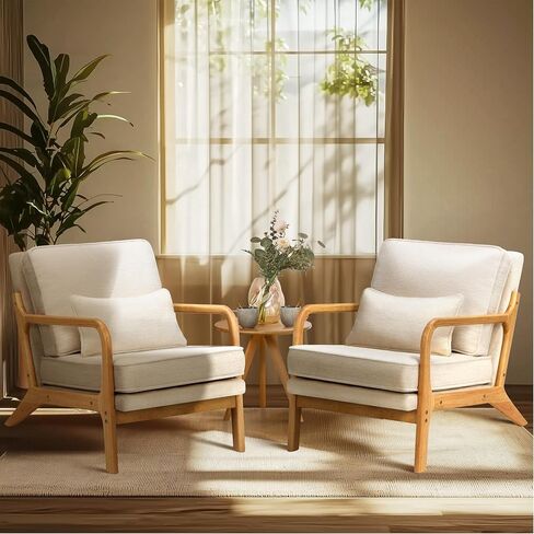 COLAMY Mid Century Modern Accent Chair with Lumbar Pillow, Relaxing Armchair with Solid Wood Frame & Soft Cushion, Reading Leisure Chair for Living Room,Bedroom,Waiting Room（Beige） in Saudi Arabia