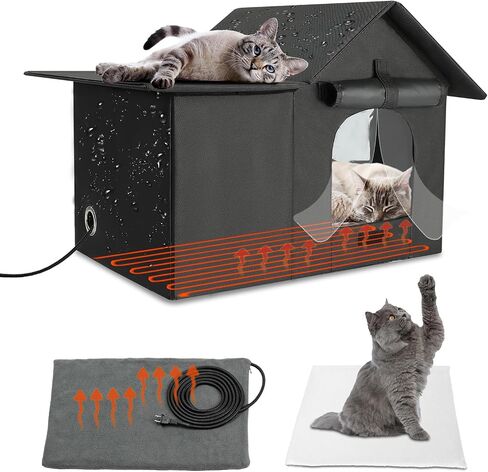 Elevated Large Heated Cat House for Outdoor Cats in Winter, Weatherproof Feral Cat Shelter with 2 Pads, Collaspable Insulated Cat Kennel Outside Stray Cat Hut for Wild Small Animal Rabbit in Saudi Arabia