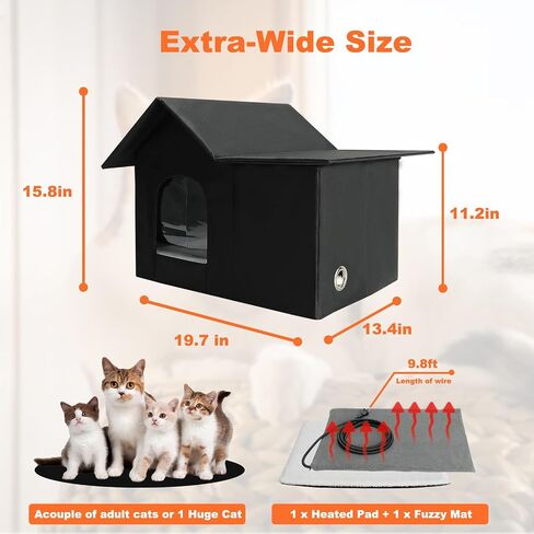 Elevated Large Heated Cat House for Outdoor Cats in Winter, Weatherproof Feral Cat Shelter with 2 Pads, Collaspable Insulated Cat Kennel Outside Stray Cat Hut for Wild Small Animal Rabbit in Saudi Arabia