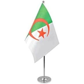 علم طاولة الجزائر برستيج ساتان 6 × 9 بوصة - علم مكتب جزائري 22 × 15 سم - عمود وقاعدة فولاذية - AZ FLAG