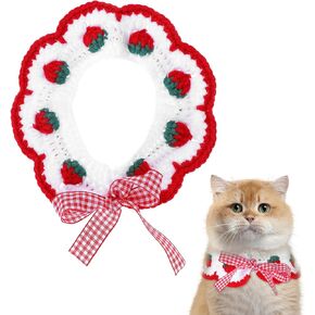 Cat Knitted Collar Breakaway Cat Collar with Cute Bow Tie and Strawberr Handmade Knitting Collar for Cats and Small Dogs Puppie