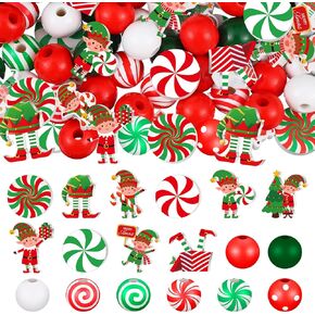 Misdary 200 Pcs Elf Christmas Beads for Crafts Christmas Beads for Jewelry Making Red and White Beads Wooden Beads Xmas Candy Beads for Craft Holiday DIY Garland Party Tree Hanging Home