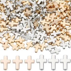 1 Box 400Pcs Gold Cross Beads Silver Crosses Spacer Bead Bulk Plastic Crucifix Big Hole Holy Easter Mini Loose Charms Beads for Jewelry Making Beading Pendants Necklaces Earrings DIY Crafts