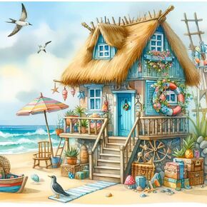 Stalente Diamond Painting Kits for Adults Seaside House, 5D DIY Diamond Art Kits for Beginners Round Full Drill Diamond Painting for Home Wall Decoration Gift 12×12inch, Landscape
