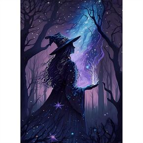 SENQAO Diamond Painting Kits for Adults, Retro Witch 5D Diamond Art Kits, Halloween Witch Diamond Gem Painting Crafts Home Wall Decor 30x40cm