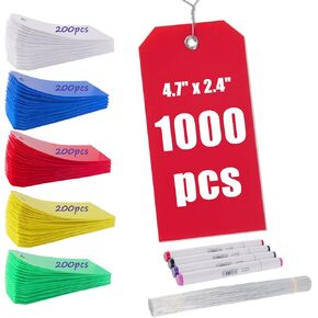 1000 PCS Plastic Shipping Tags with Wire, 5 Colors 4.72" x 2.36" Waterproof Hang Tags Bulk Price Tags Plastic Labeling Tags with String for Outdoors Luggage Inventory Shelf with 4 Marker Pen