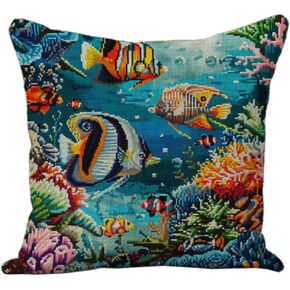 Tropical Colorful Sea Fish Coral Scene DIY Stamped Cross Stitch Pillow Kits Embroidery Pillowcase 11CT Counted Needlepoint Handmade Cushion Cover Home Sofa Christmas Decor 18x18in(5)