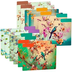12pcs Decorative File Folders Letter Size, Bird Design Folders, Cute Office Folders with Floral Branches, 1/3 Cut Tab, Waterproof Archival File Folders Colored Decorative File folders
