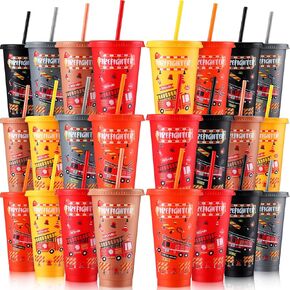 Mifoci Firefighter Plastic Cups with Lids and Straws 24oz Reusable Fire Truck Cups for Firefighter Birthday Party Supplies Decorations(24 Pack)