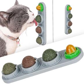 Catnip Wall Ball for Kitten, 4 Pack Catnip Toys, Silvervine Balls, Edible Toys, Catnip Lick Ball Safe Healthy Kitten Chew Toys, Teeth Cleaning Dental Toys, Cat Mint Ball Wall Treats (Grey)
