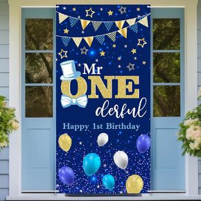 Mr Onederful Door Banner Boys 1st Birthday Party Decorations Door Cover Little Man Baby Shower Gender Reveal Party Supplies One Year Old Birthday Party Sign for Porch Indoor Outdoor Decor