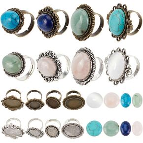 SUNNYCLUE 6Pcs Adjustable Antique Silver Adjustable Blank Flower Cabochon Ring Settings Round Oval Blank Rings with 6Pcs Round 20mm Gemstone Cabochons for DIY Ring Making Jewelry Making Supplies