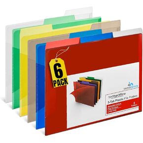 1InTheOffice Plastic File Folders, 3-Tab, Letter Size, Assorted Colors Poly File Folders, 6 Pack