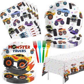 لوازم حفلات أعياد الميلاد من Monster Truck، أدوات مائدة لتزيين حفلات المربى ذات طابع Monster Truck، طبق، منديل، مفرش طاولة، شوكة، لوحة عيد ميلاد Monster Truck وديكورات المناديل | يخدم 24