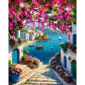 MBNTJHT DIY Simple Scenery Paint by Numbers Kit for Adults,Unframed Scenery Paint by Number Kits on Canvas with Brushes,Flowers and Sea Oil Painting Kits for Home Wall Decor 16X20 Inch.